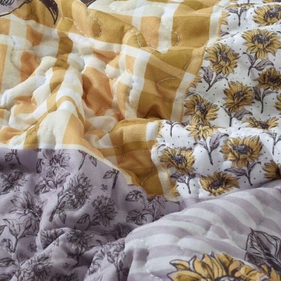 Farmhouse Sunflower Garden Patchwork QUEEN Printed Quilt Set Bonus Tote Bag - Picture 4 of 10